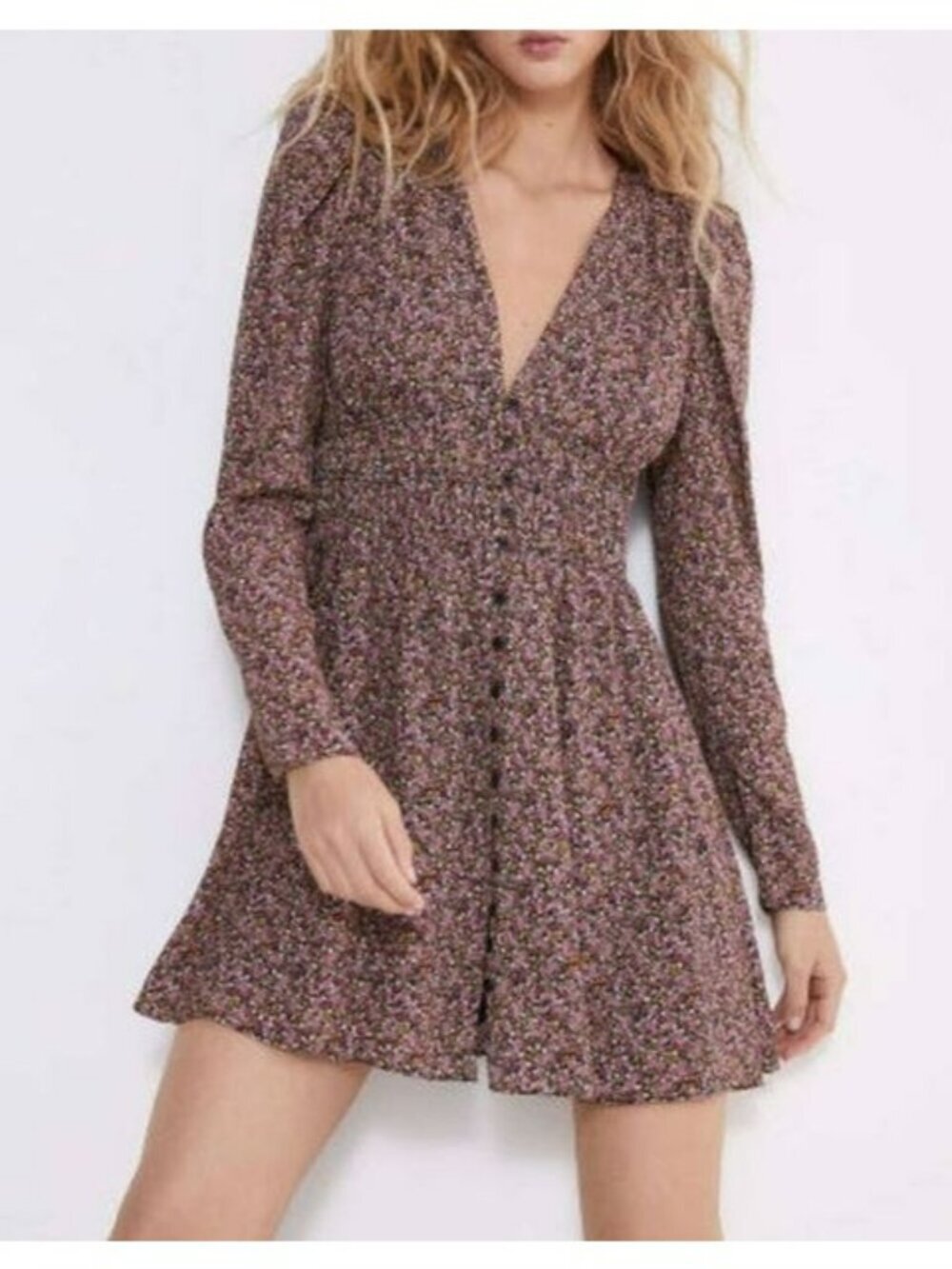 Zara Purple Floral Long-Sleeve Mini Dress V-Neck Button Front Smocked Waist Sz S